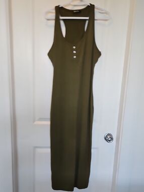 Olive Racerback Midi Tank Dress with Button Front